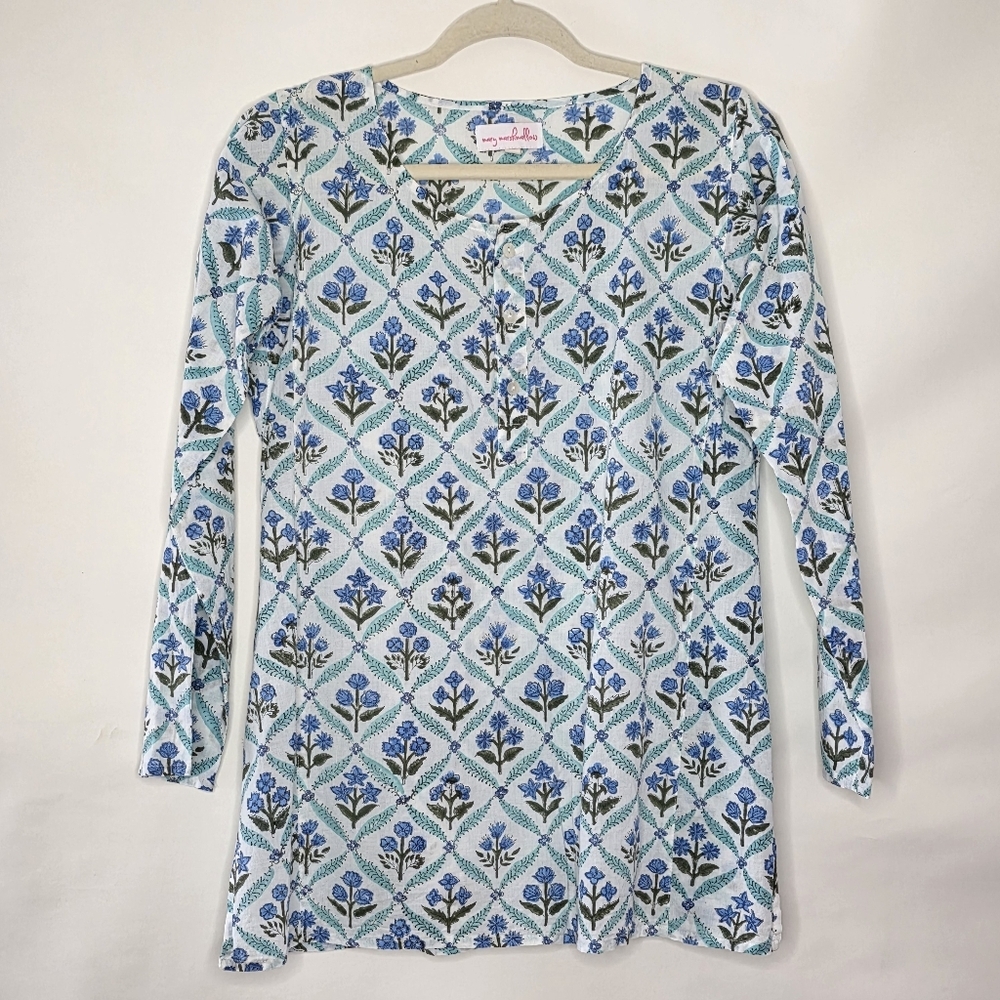 Mary Marshmallow Floral Print Cotton Top Size S Oversized Spring Popover Shirt